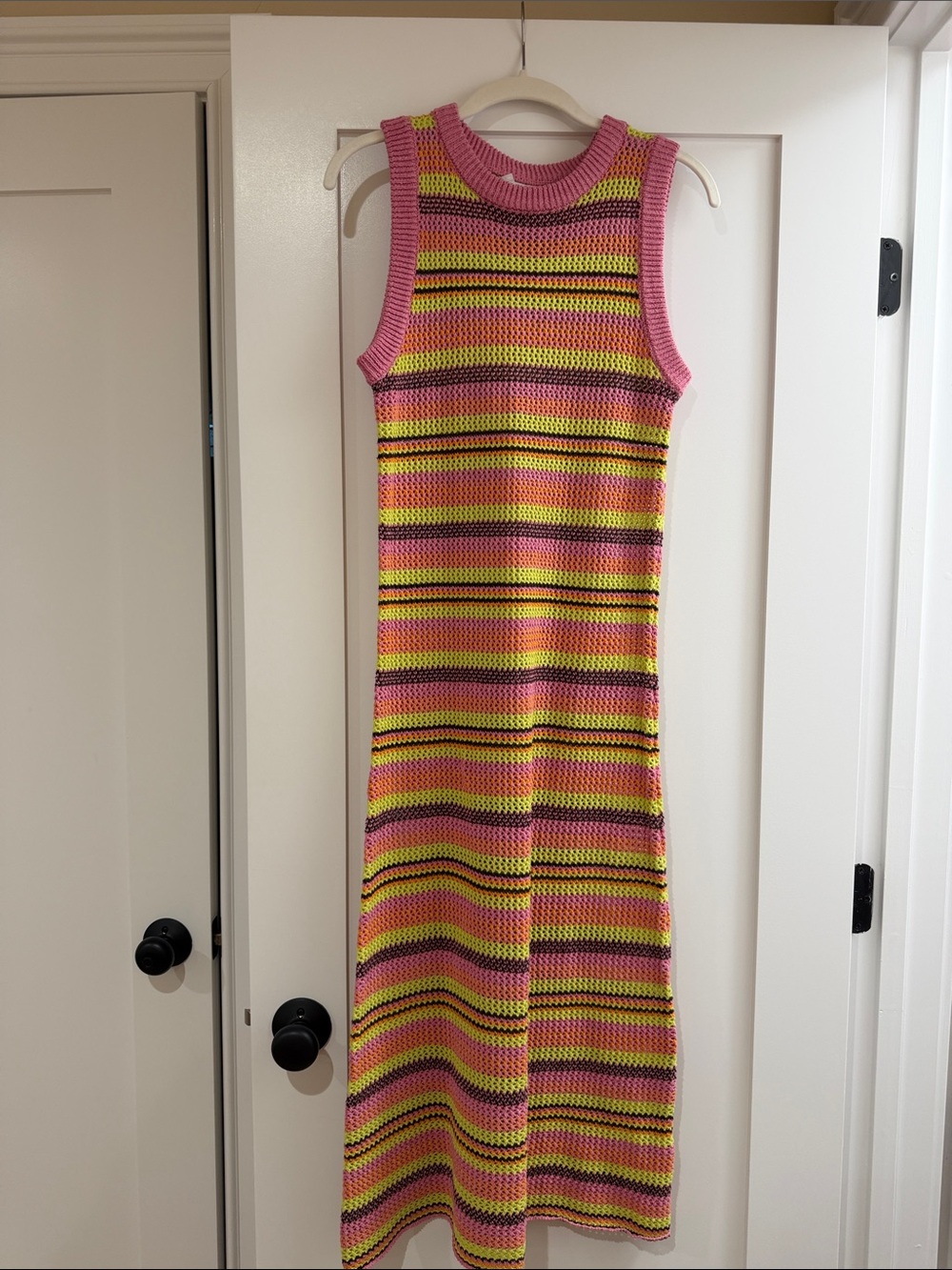 vestique Sleeveless Knit Midi Dress in Pink, Yellow & Black Stripe